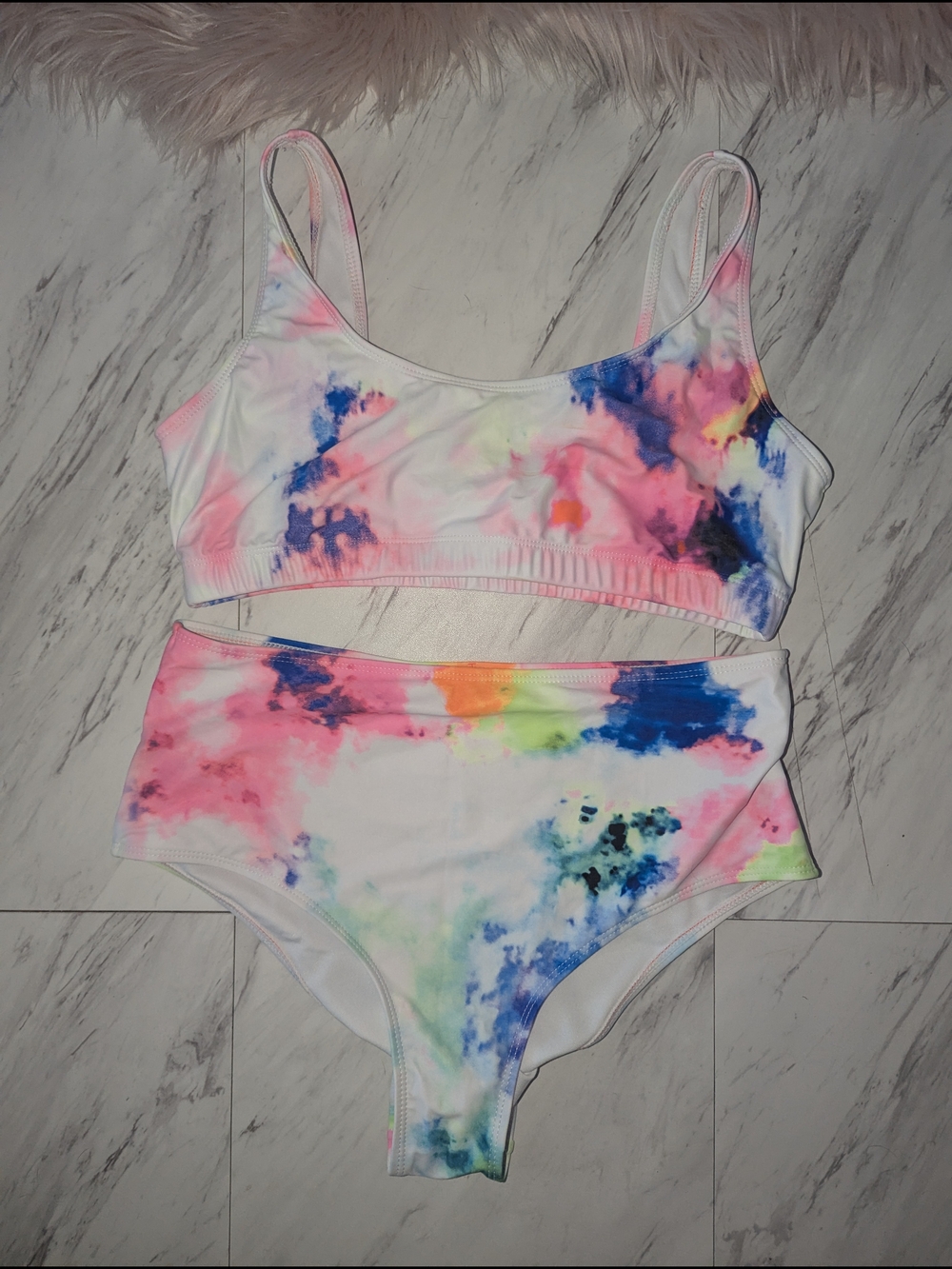 Tie-Dye Two-Piece Swim Set in Neon Watercolor